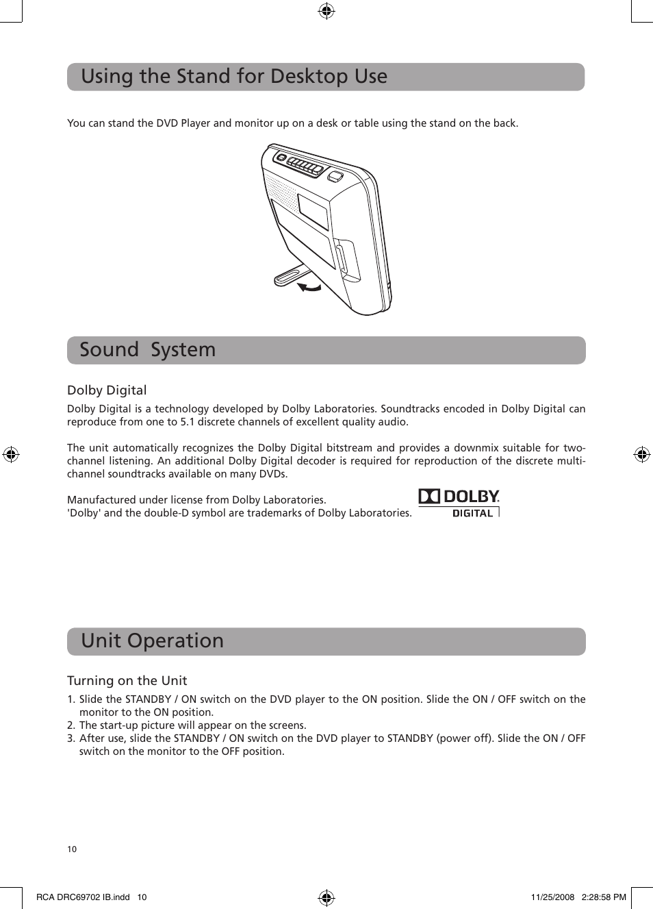 Unit operation, Sound system, Using the stand for desktop use | RCA DRC69702 User Manual | Page 14 / 28