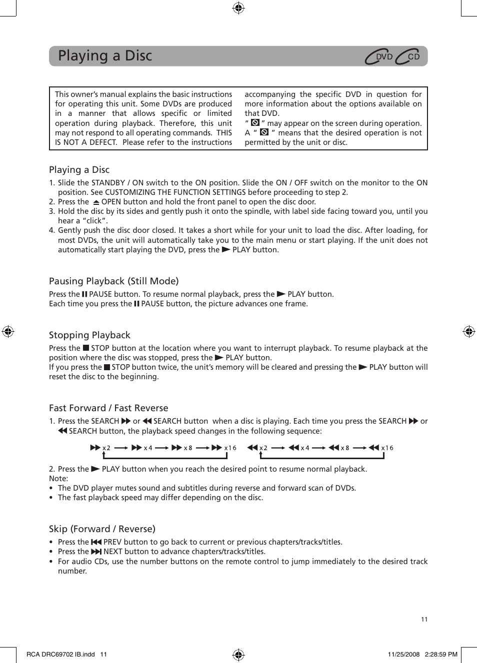 Playing a disc | RCA DRC69702 User Manual | Page 15 / 28