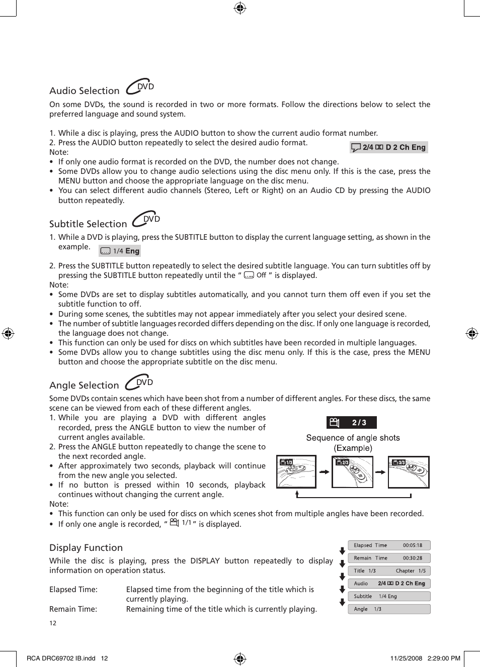 Audio selection, Subtitle selection, Angle selection | Display function | RCA DRC69702 User Manual | Page 16 / 28