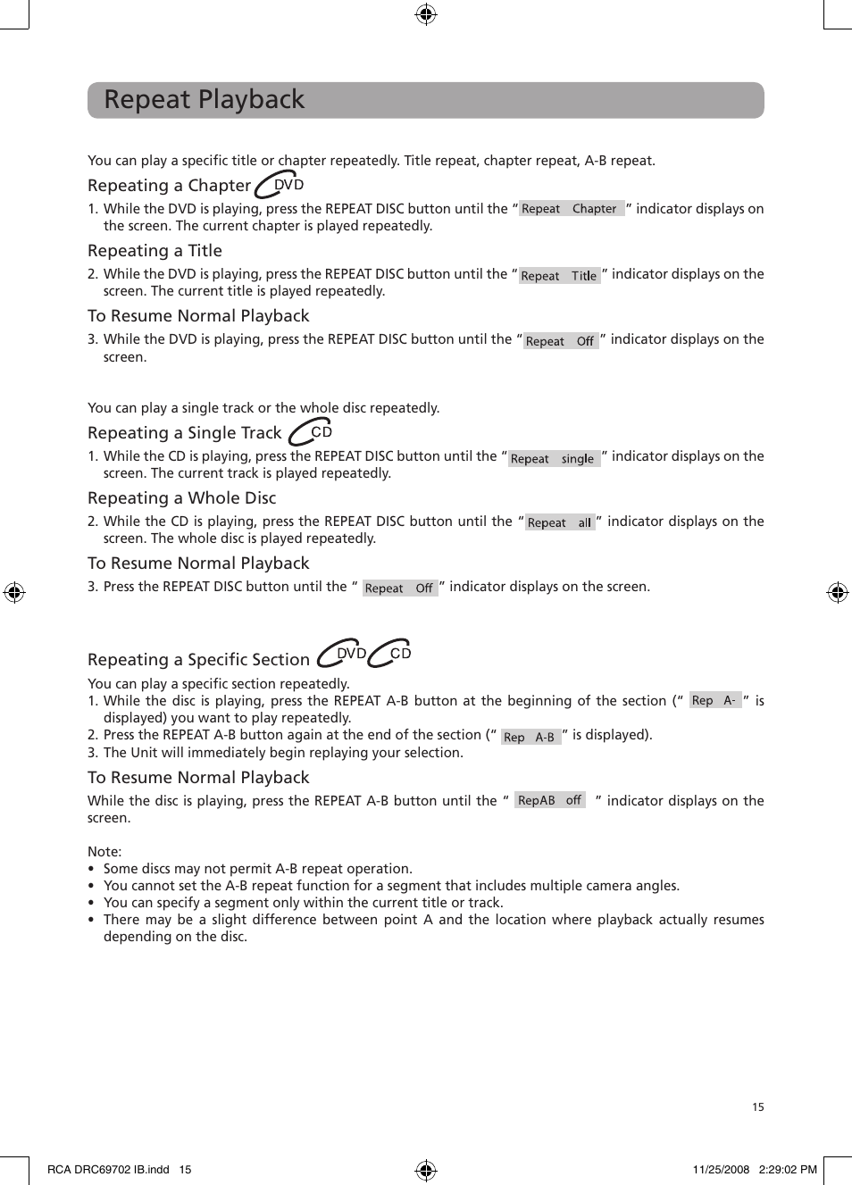 Repeat playback | RCA DRC69702 User Manual | Page 19 / 28