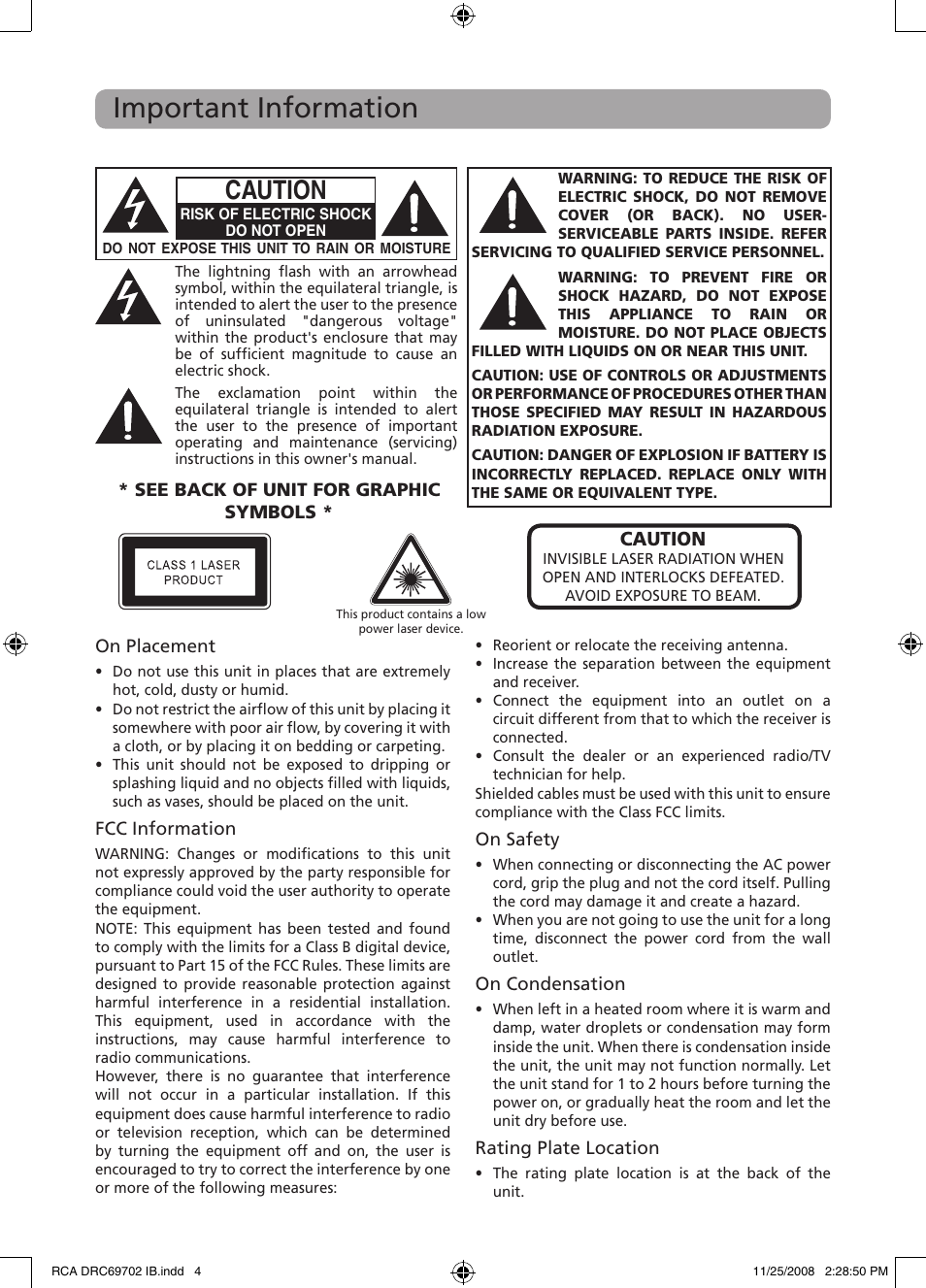 Important information, Caution | RCA DRC69702 User Manual | Page 2 / 28