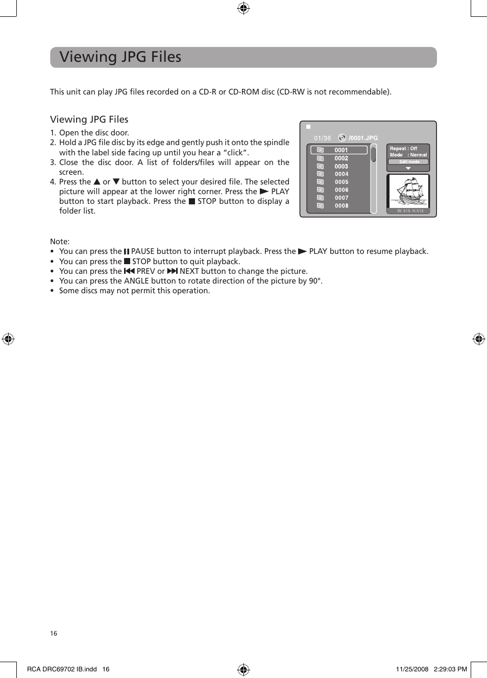 Viewing jpg files | RCA DRC69702 User Manual | Page 20 / 28