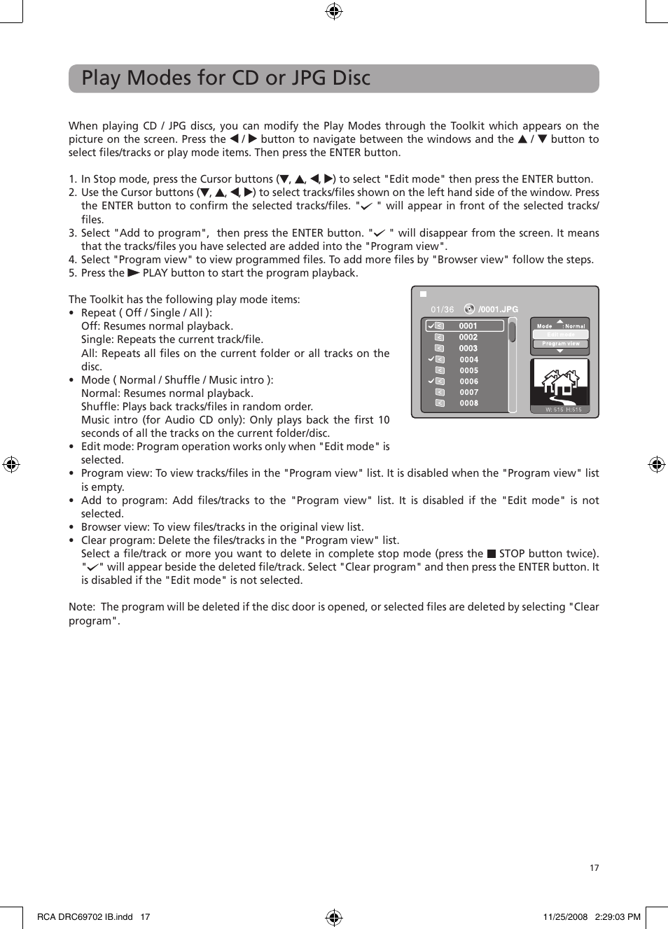 Play modes for cd or jpg disc | RCA DRC69702 User Manual | Page 21 / 28