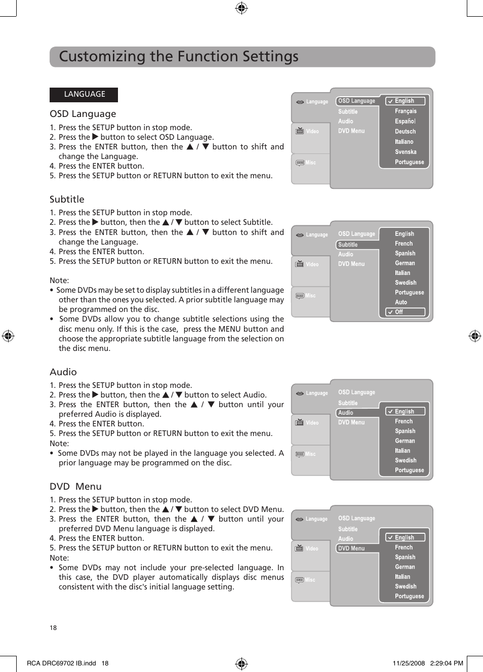 Customizing the function settings | RCA DRC69702 User Manual | Page 22 / 28