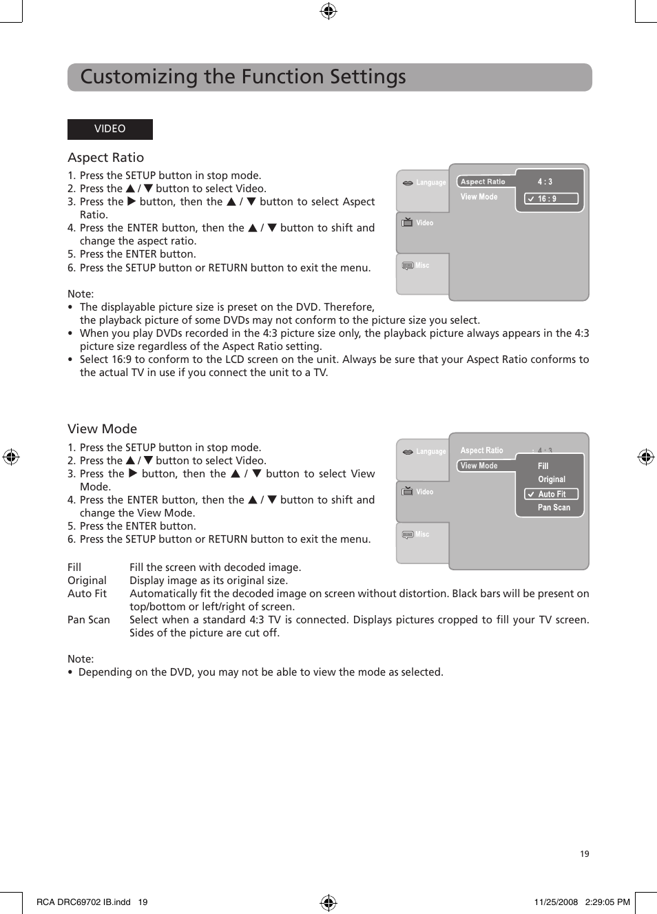 Customizing the function settings, Aspect ratio, View mode | RCA DRC69702 User Manual | Page 23 / 28