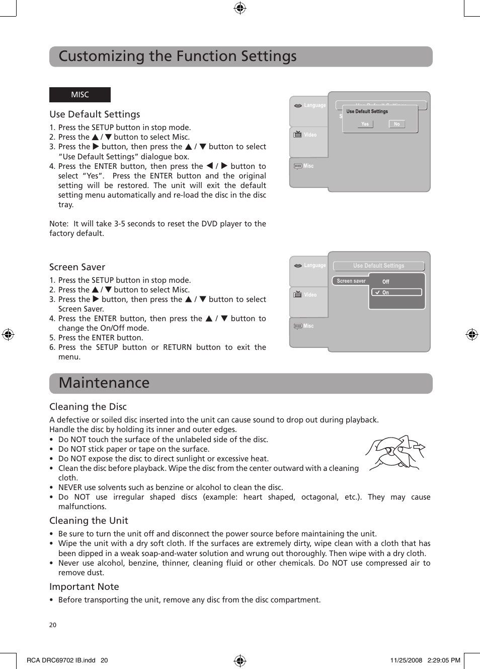 Customizing the function settings maintenance | RCA DRC69702 User Manual | Page 24 / 28