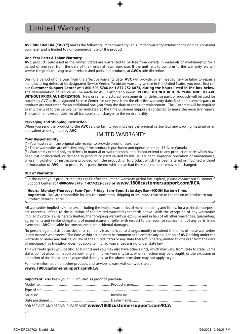 Limited warranty | RCA DRC69702 User Manual | Page 26 / 28