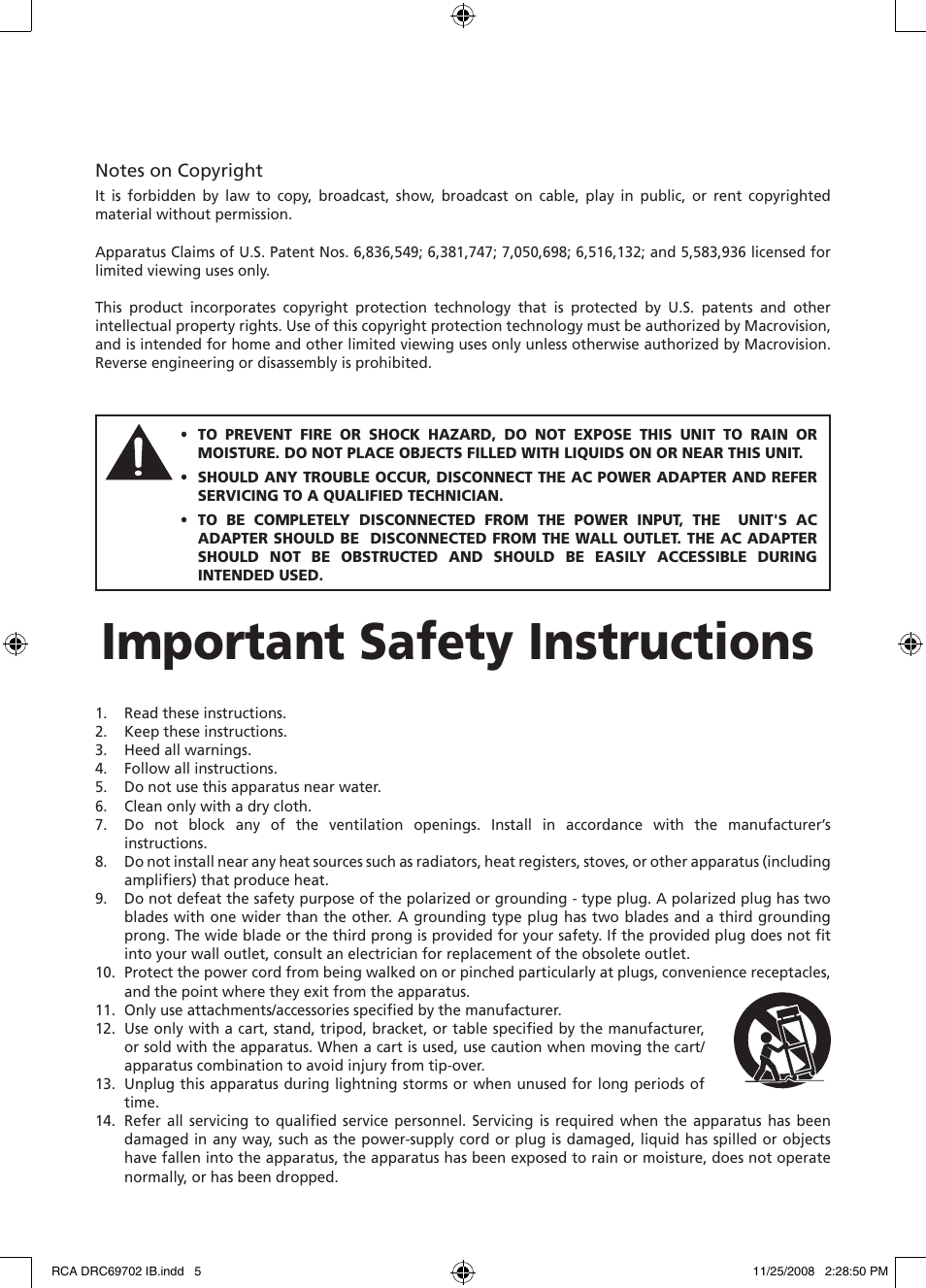 Important safety instructions | RCA DRC69702 User Manual | Page 3 / 28