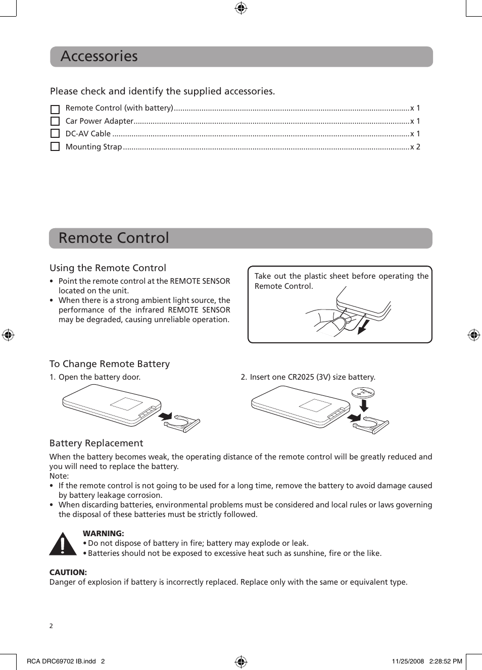 Accessories remote control | RCA DRC69702 User Manual | Page 6 / 28