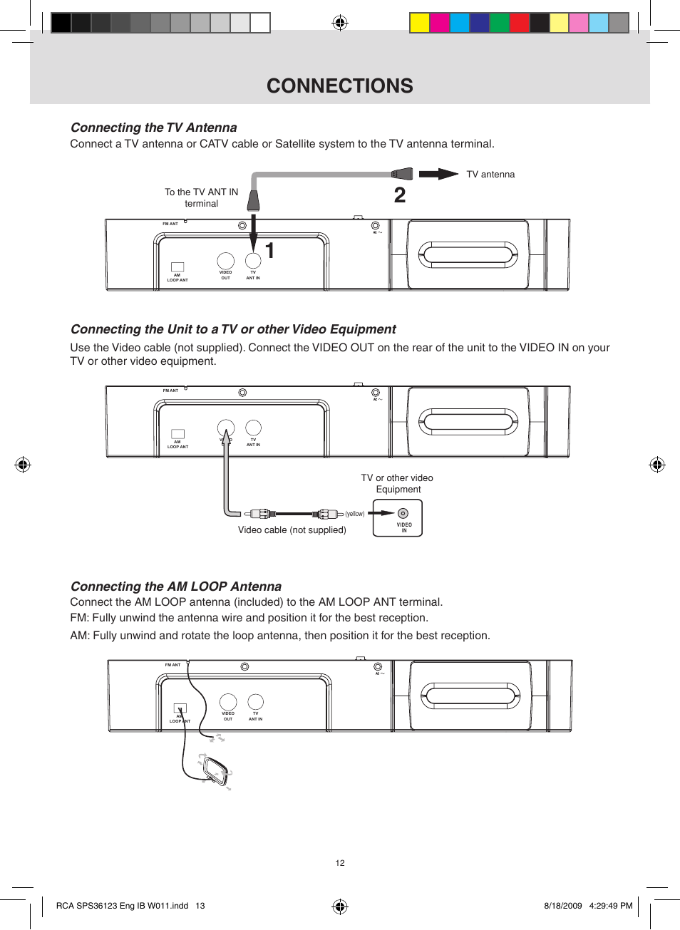 Connections, Connecting the tv antenna, Connecting the am loop antenna | RCA SPS36123 User Manual | Page 13 / 32