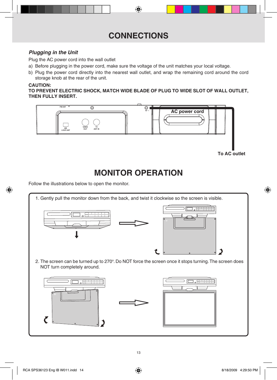 Monitor operation, Connections, Plugging in the unit | RCA SPS36123 User Manual | Page 14 / 32