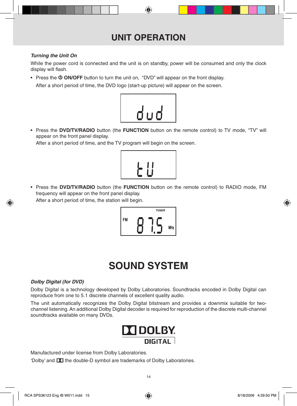 Sound system, Unit operation | RCA SPS36123 User Manual | Page 15 / 32