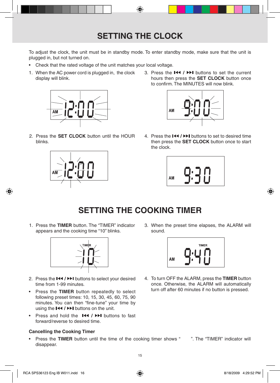 Setting the clock, Setting the cooking timer | RCA SPS36123 User Manual | Page 16 / 32