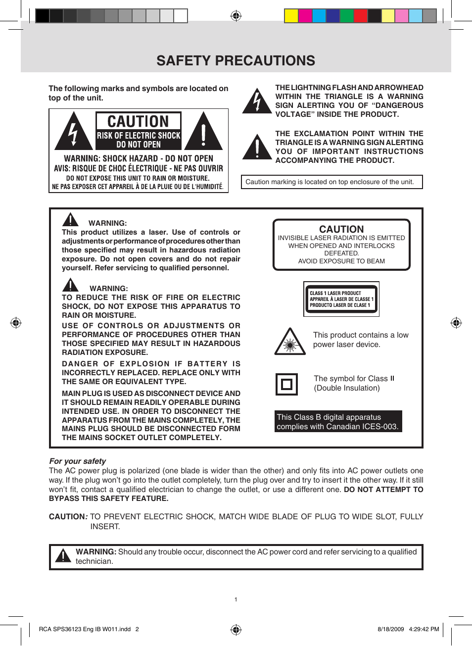 Safety precautions, Caution | RCA SPS36123 User Manual | Page 2 / 32