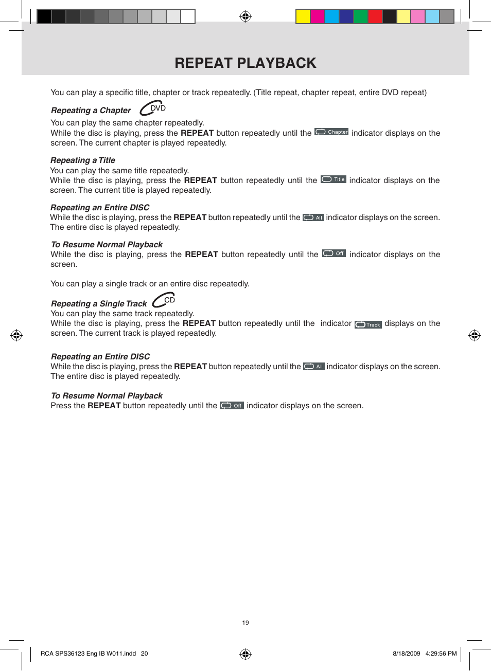 Repeat playback | RCA SPS36123 User Manual | Page 20 / 32