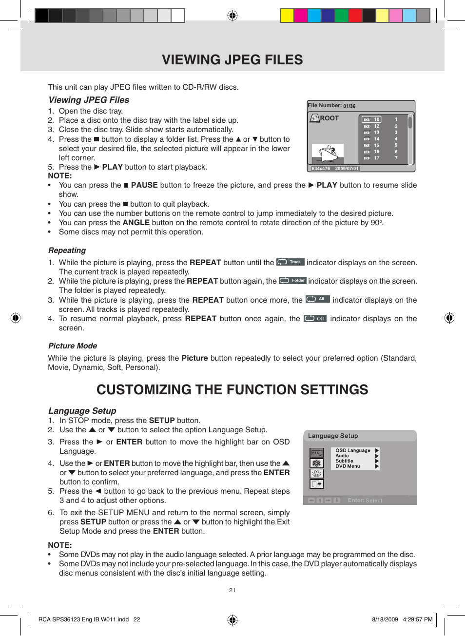 Viewing jpeg files, Customizing the function settings | RCA SPS36123 User Manual | Page 22 / 32