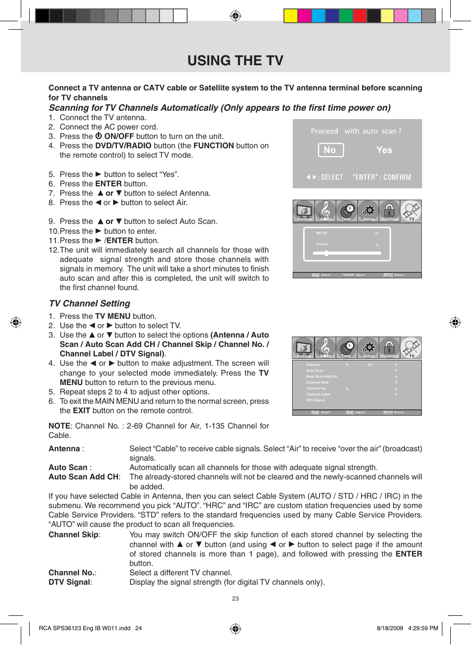 Using the tv, Tv channel setting | RCA SPS36123 User Manual | Page 24 / 32