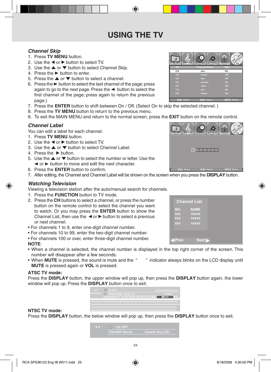 Using the tv, Channel skip, Channel label | Watching television | RCA SPS36123 User Manual | Page 25 / 32