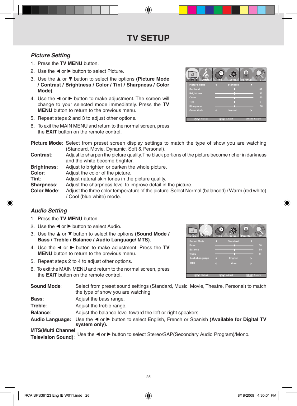 Tv setup, Picture setting, Audio setting | RCA SPS36123 User Manual | Page 26 / 32