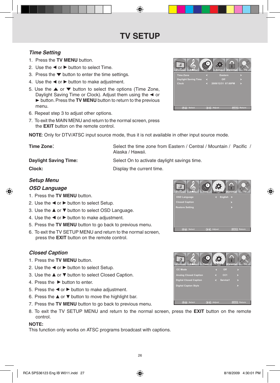 Tv setup, Time setting, Setup menu osd language | Closed caption | RCA SPS36123 User Manual | Page 27 / 32