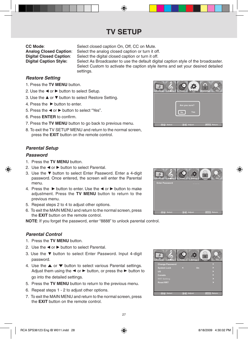 Tv setup, Restore setting, Parental setup password | Parental control | RCA SPS36123 User Manual | Page 28 / 32