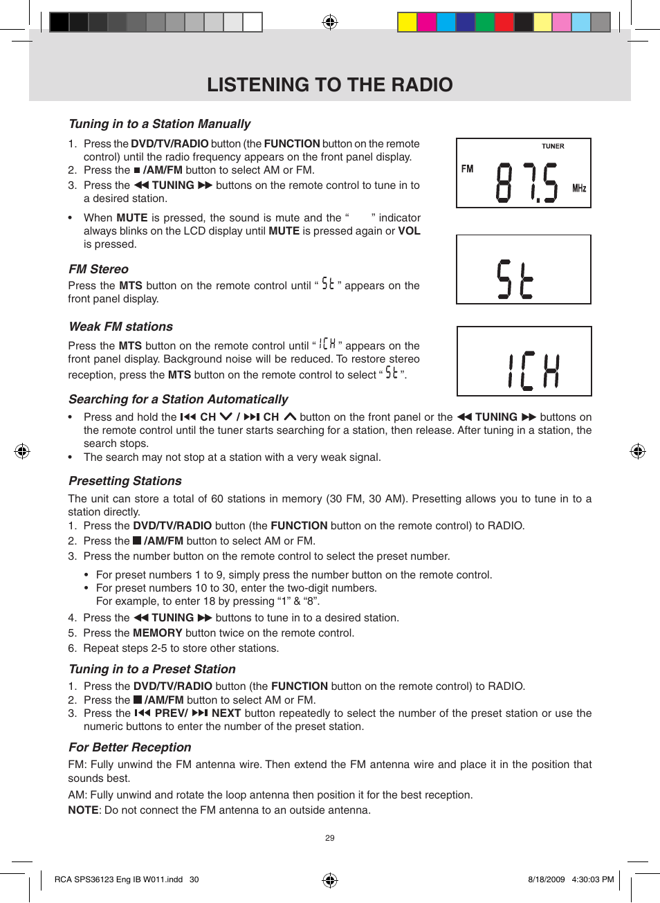 Listening to the radio | RCA SPS36123 User Manual | Page 30 / 32