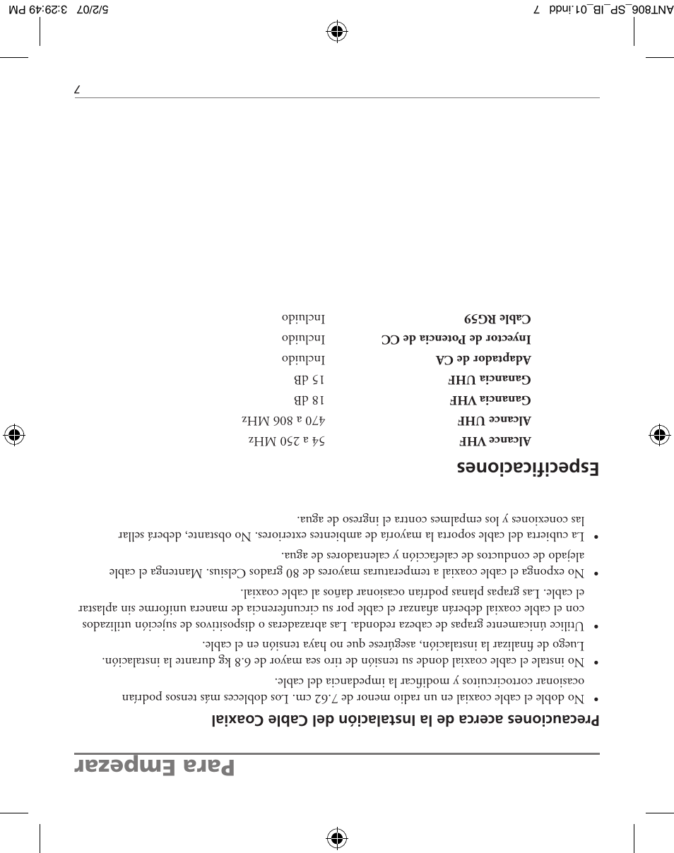 Para empezar, Especificaciones | RCA ANT806 User Manual | Page 10 / 16