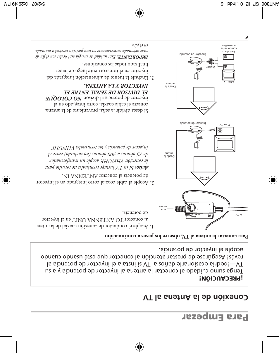 Para empezar, Conexión de la antena al tv | RCA ANT806 User Manual | Page 11 / 16