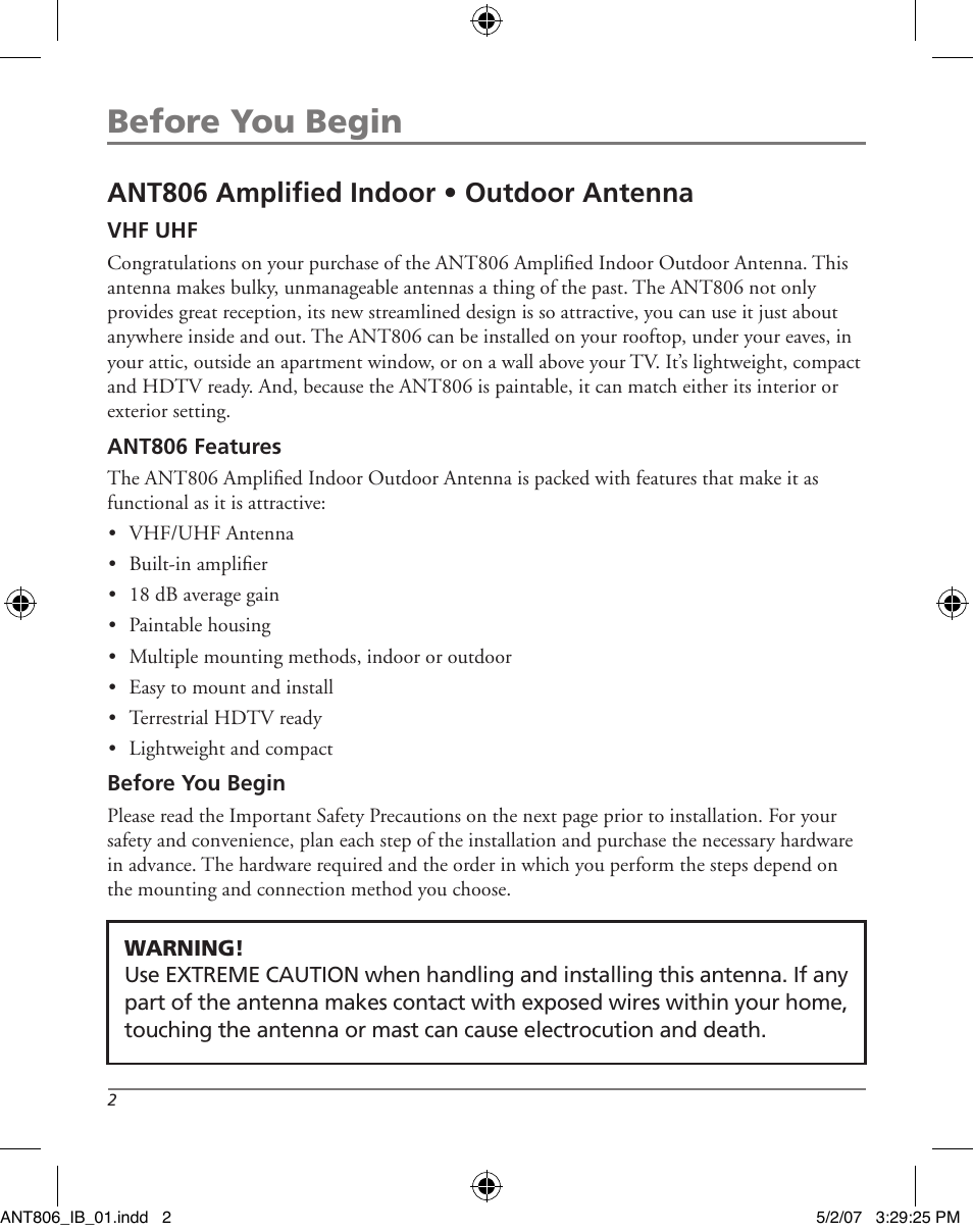 Before you begin, Ant806 amplified indoor • outdoor antenna | RCA ANT806 User Manual | Page 2 / 16