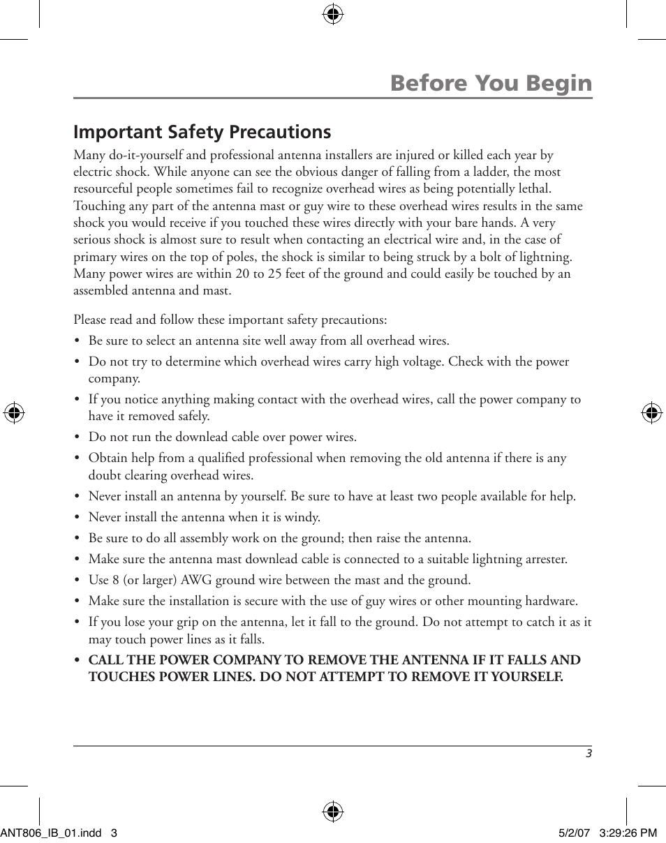 Before you begin, Important safety precautions | RCA ANT806 User Manual | Page 3 / 16