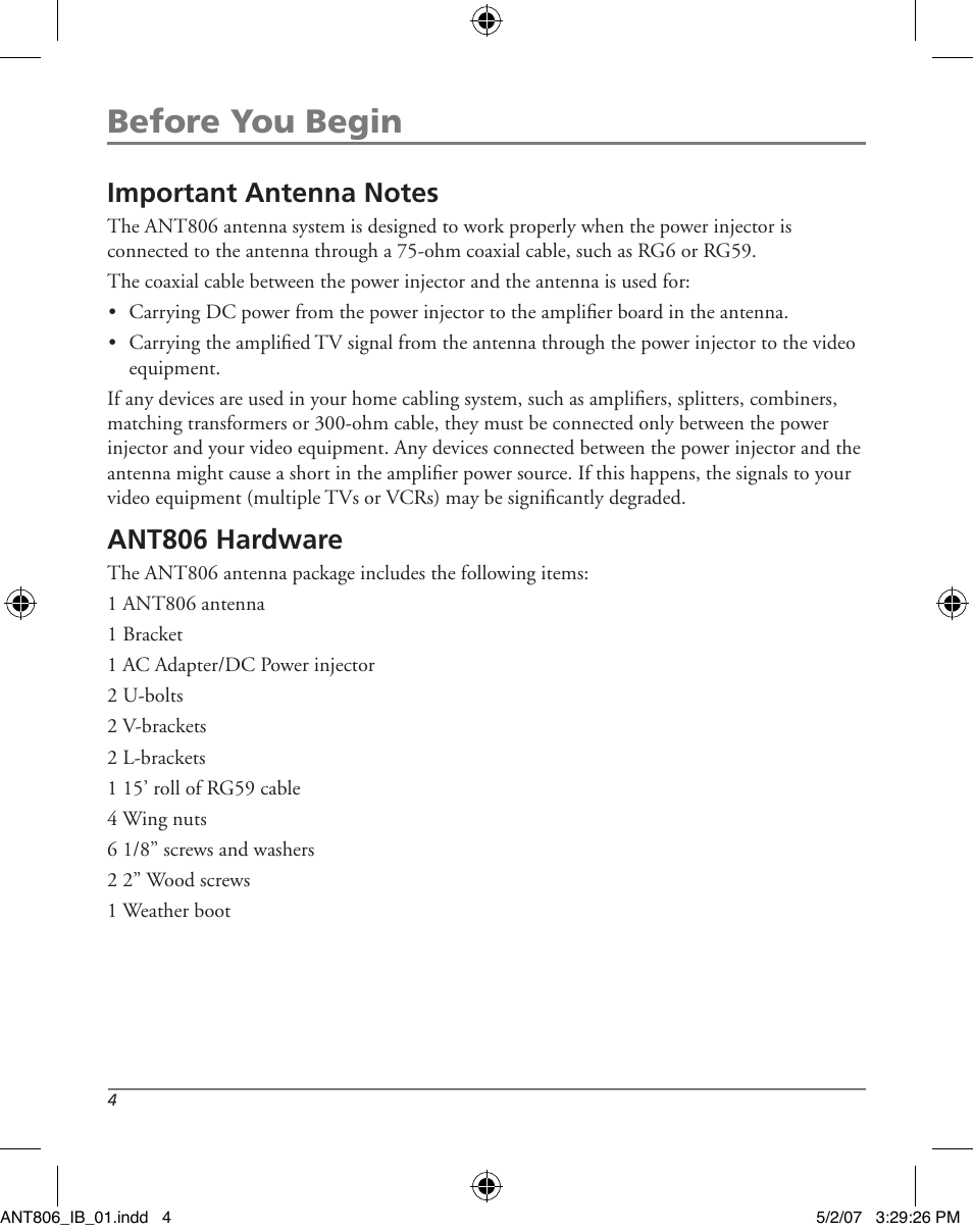 Before you begin, Ant806 hardware | RCA ANT806 User Manual | Page 4 / 16