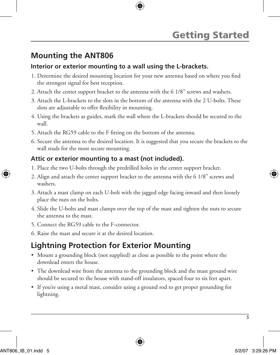 Getting started, Mounting the ant806, Lightning protection for exterior mounting | RCA ANT806 User Manual | Page 5 / 16