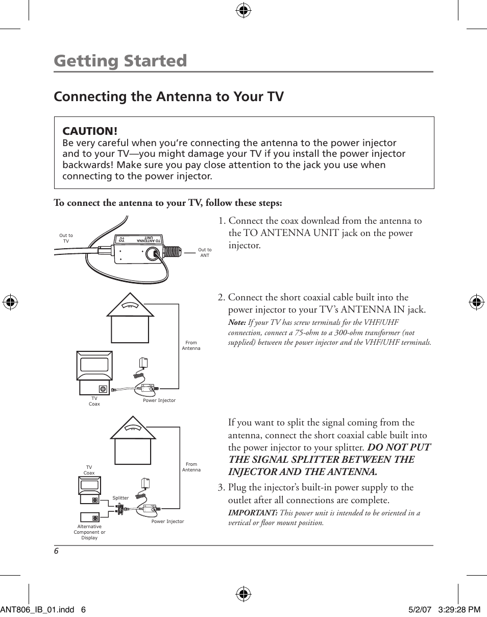 Getting started, Connecting the antenna to your tv, Caution | RCA ANT806 User Manual | Page 6 / 16