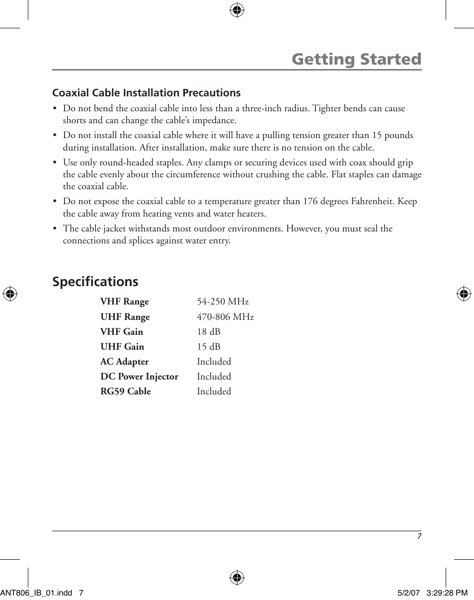 Getting started, Specifications | RCA ANT806 User Manual | Page 7 / 16