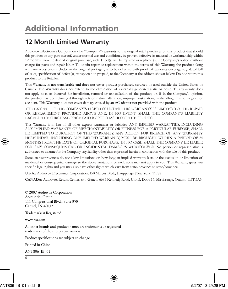 Additional information, 12 month limited warranty | RCA ANT806 User Manual | Page 8 / 16