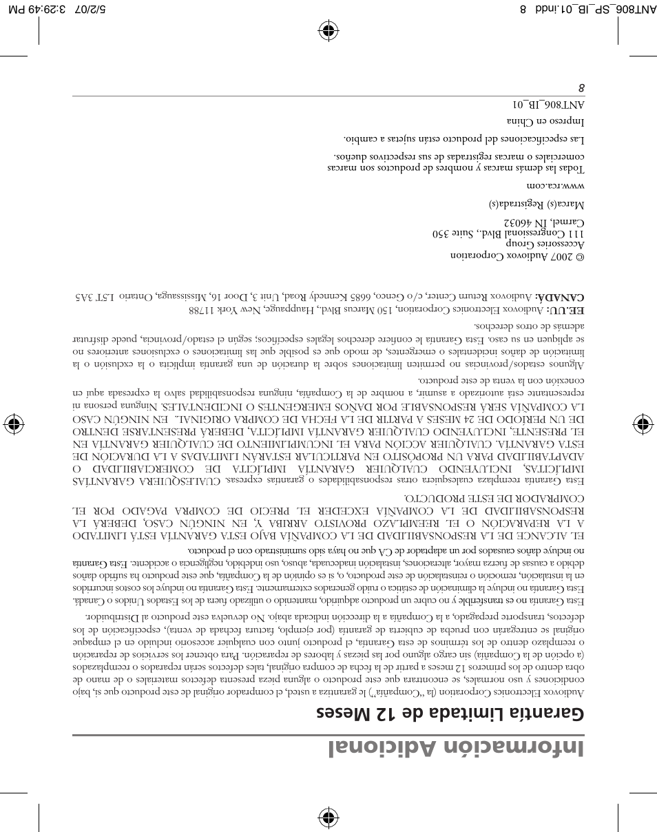 Información adicional, Garantía limitada de 12 meses | RCA ANT806 User Manual | Page 9 / 16