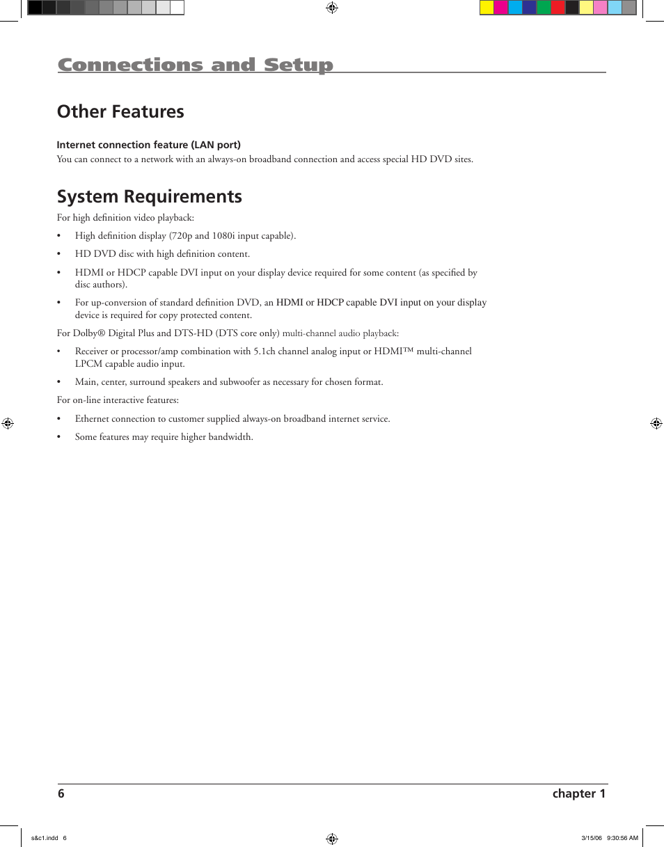 Connections and setup other features, System requirements | RCA HDV5000 User Manual | Page 10 / 62