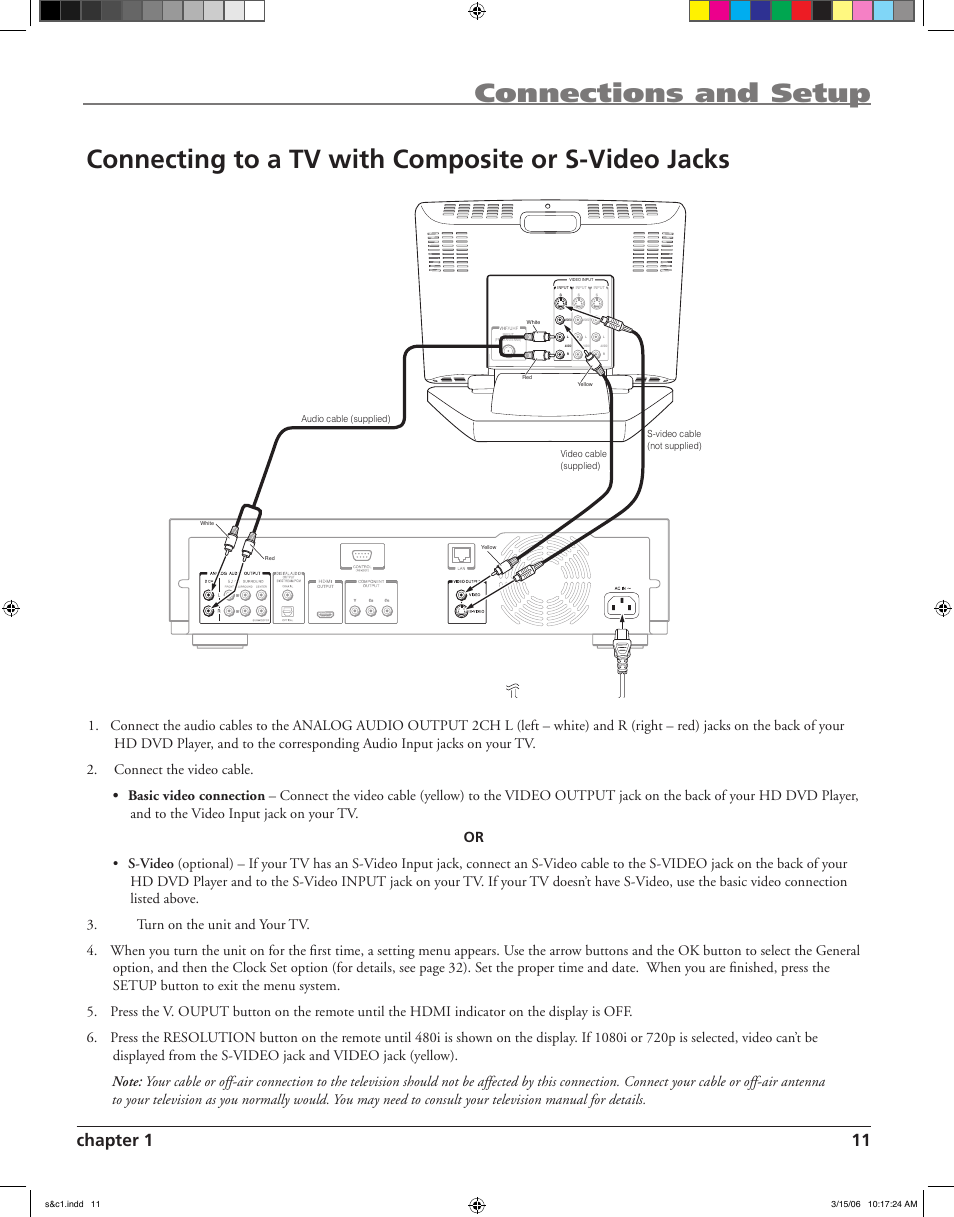 Connections and setup, Connecting to a tv with composite or s-video jacks, Chapter 1 11 | RCA HDV5000 User Manual | Page 15 / 62