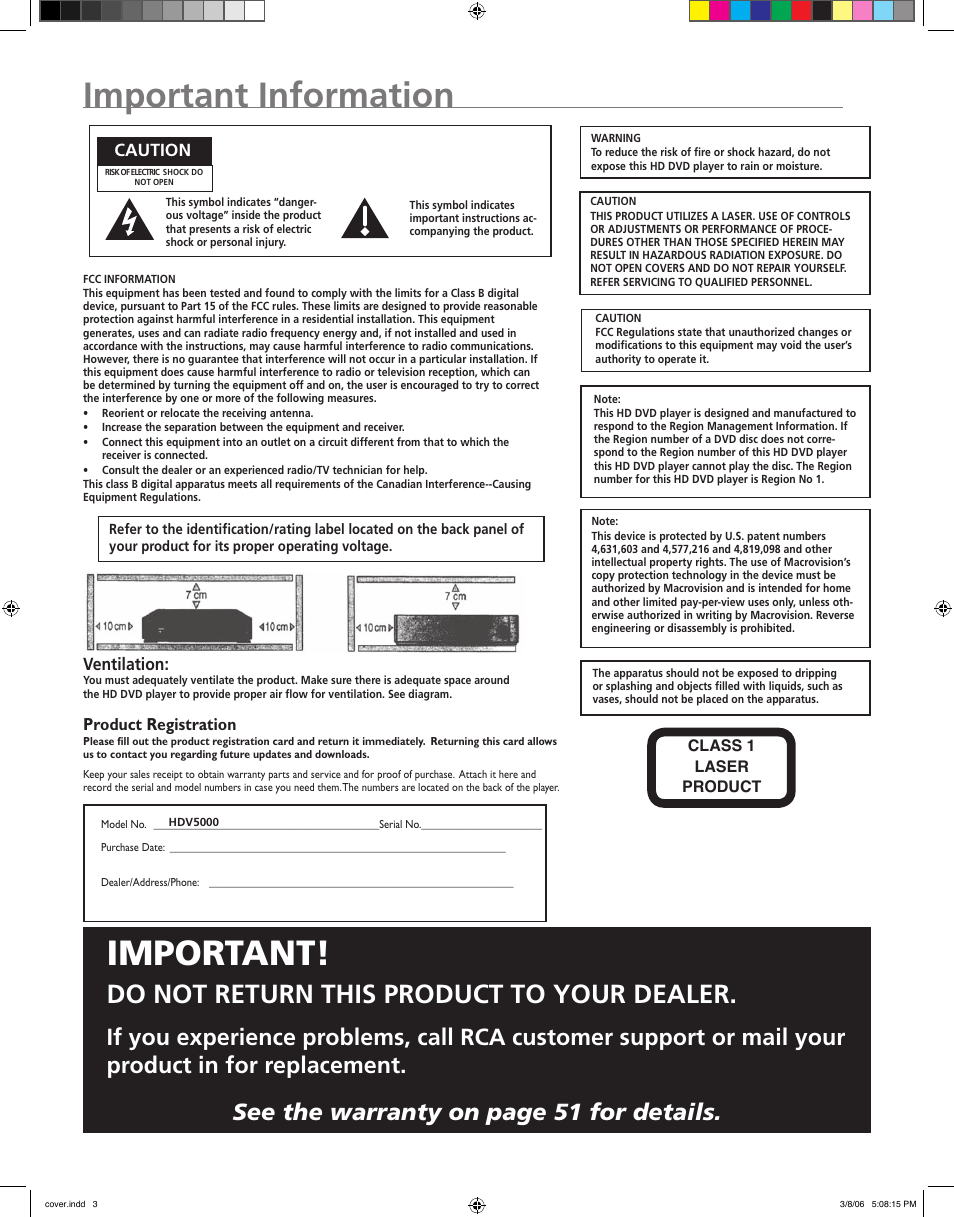 Important information, Important, Do not return this product to your dealer | Product registration, Caution, Ventilation, Class 1 laser product | RCA HDV5000 User Manual | Page 2 / 62