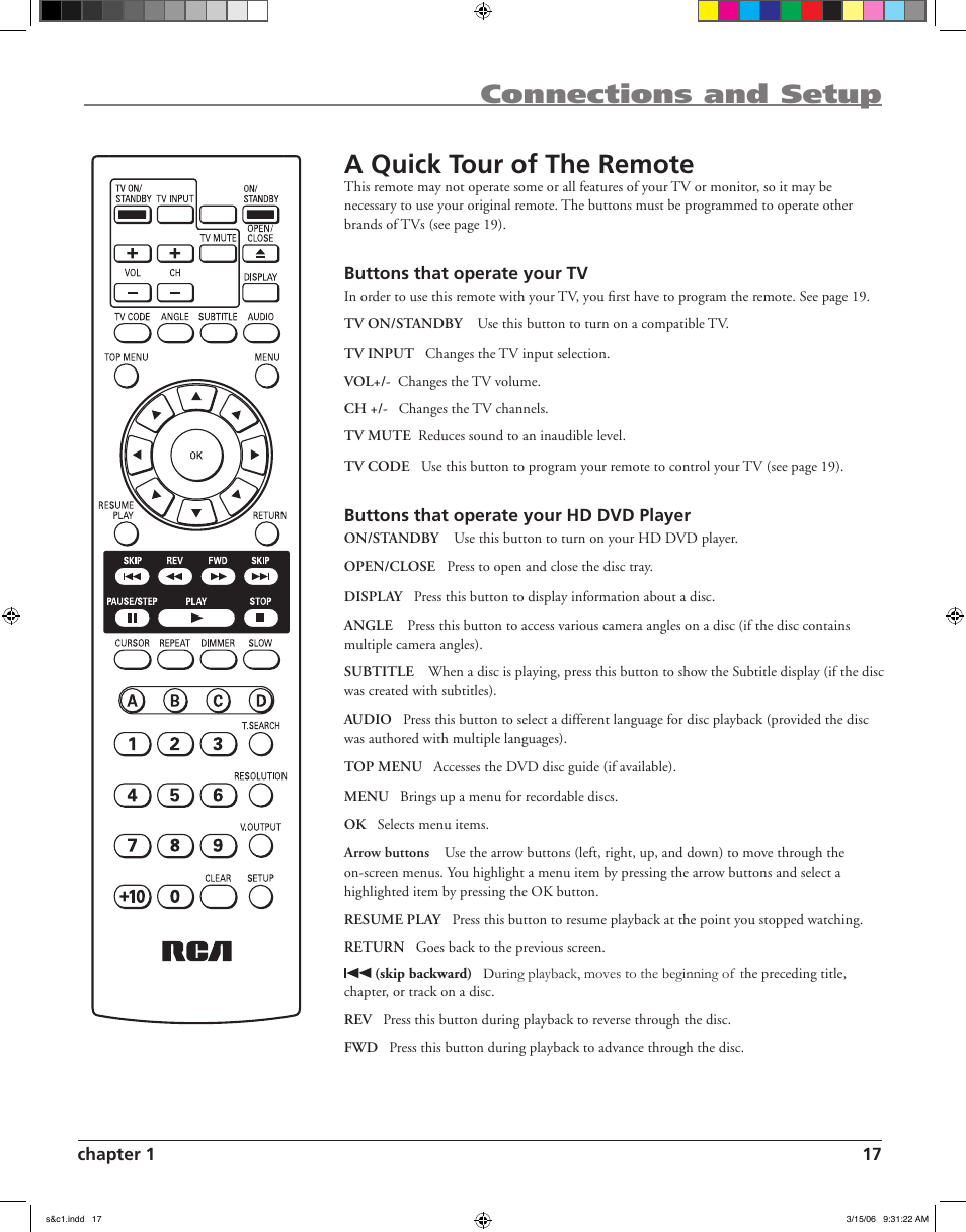 Connections and setup a quick tour of the remote | RCA HDV5000 User Manual | Page 21 / 62