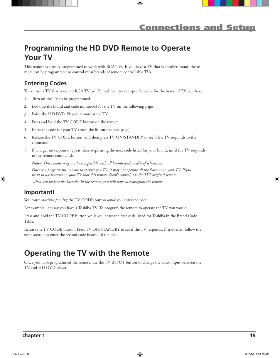 Operating the tv with the remote, Entering codes, Important | RCA HDV5000 User Manual | Page 23 / 62