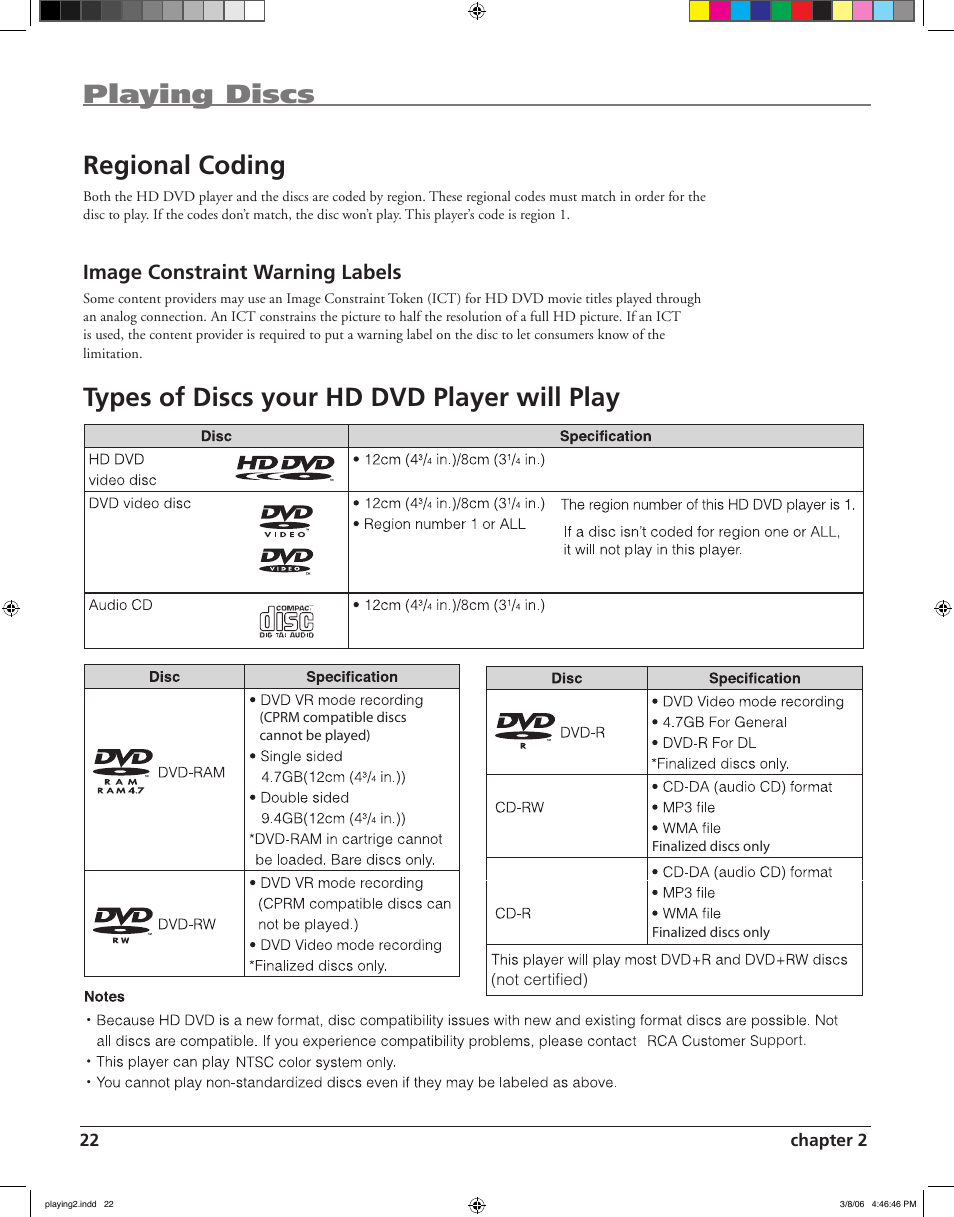 Playing discs regional coding, Types of discs your hd dvd player will play, Image constraint warning labels | RCA HDV5000 User Manual | Page 26 / 62