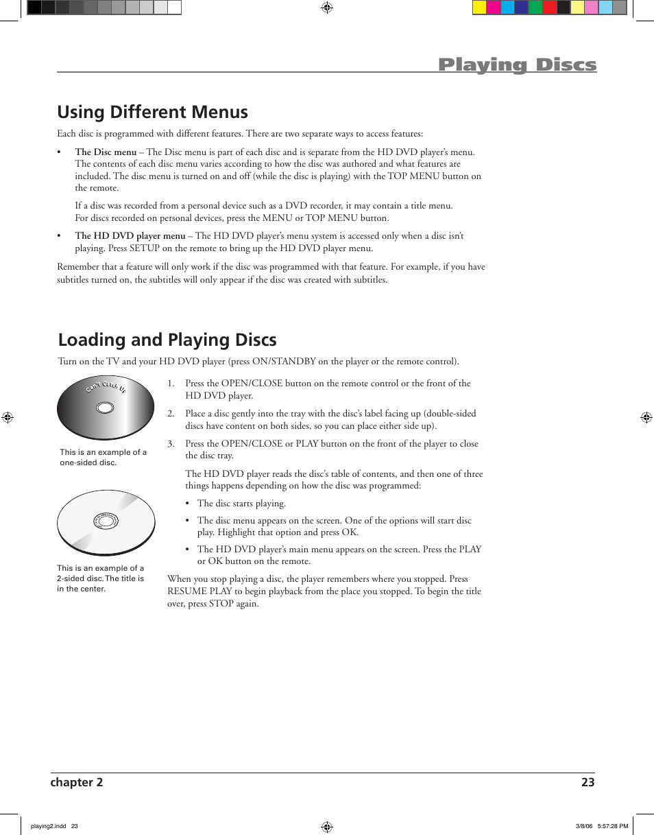 Playing discs loading and playing discs, Using different menus | RCA HDV5000 User Manual | Page 27 / 62