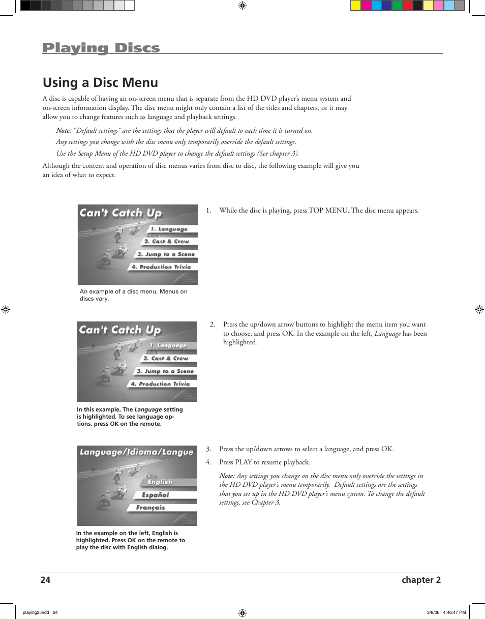 Playing discs, Using a disc menu | RCA HDV5000 User Manual | Page 28 / 62