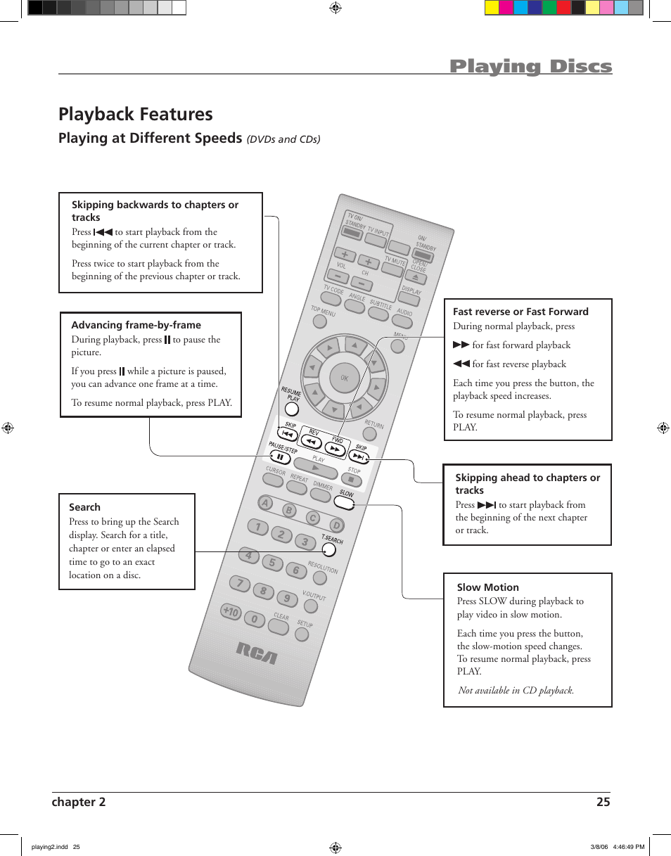 Playing discs, Playback features, Playing at different speeds | RCA HDV5000 User Manual | Page 29 / 62