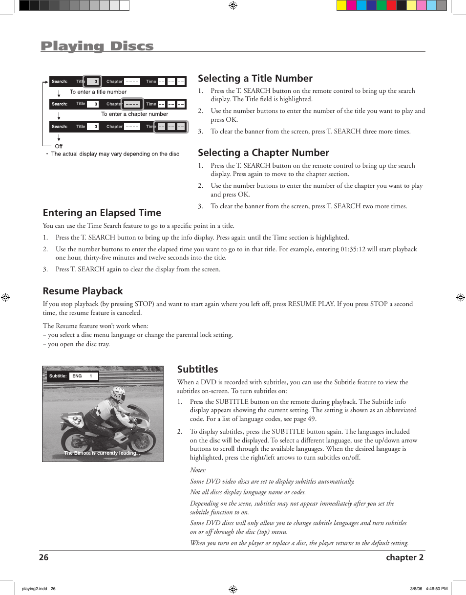 Playing discs, Selecting a title number, Selecting a chapter number | Entering an elapsed time, Resume playback, Subtitles | RCA HDV5000 User Manual | Page 30 / 62