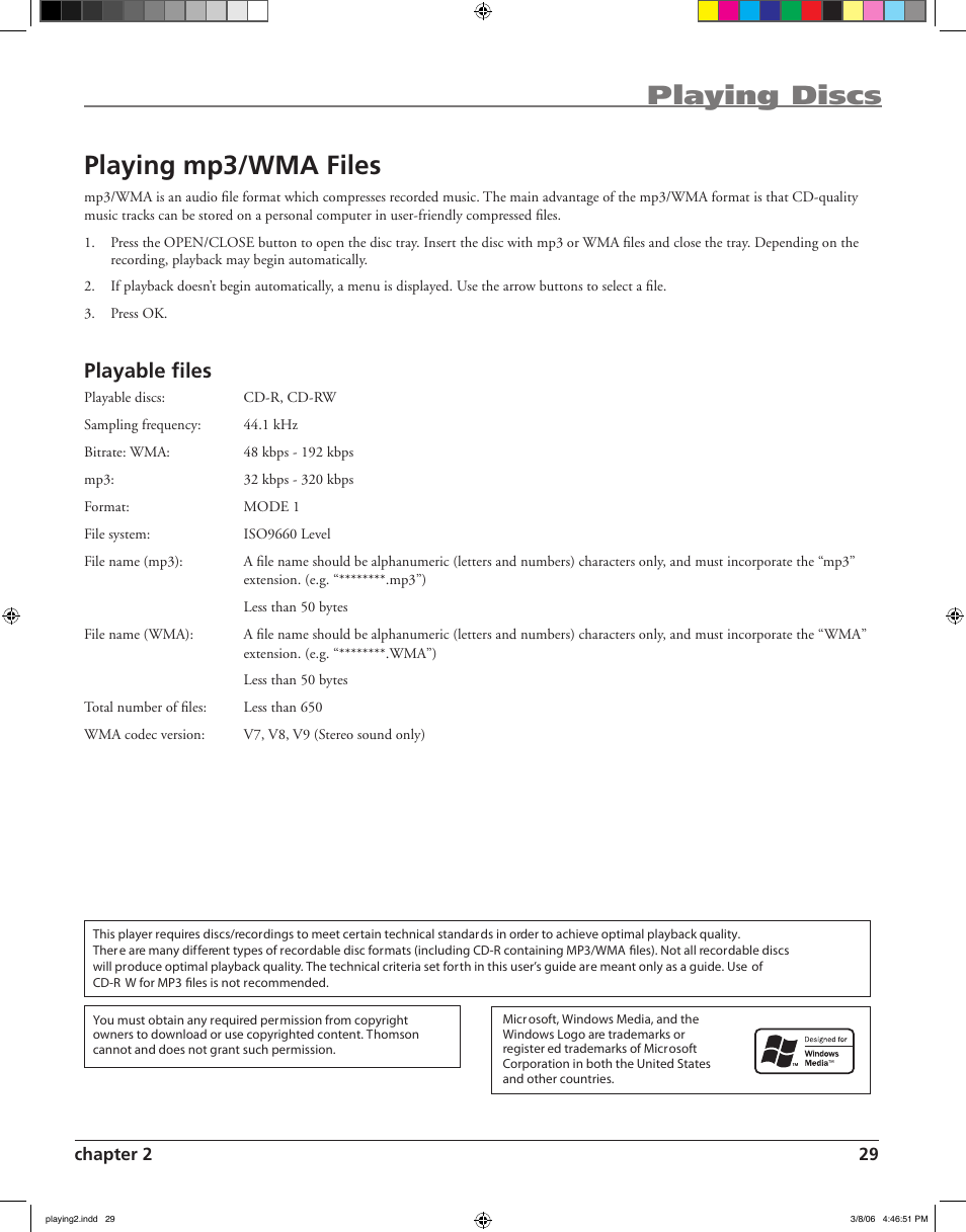 Playing discs playing mp3/wma files, Playable files | RCA HDV5000 User Manual | Page 33 / 62