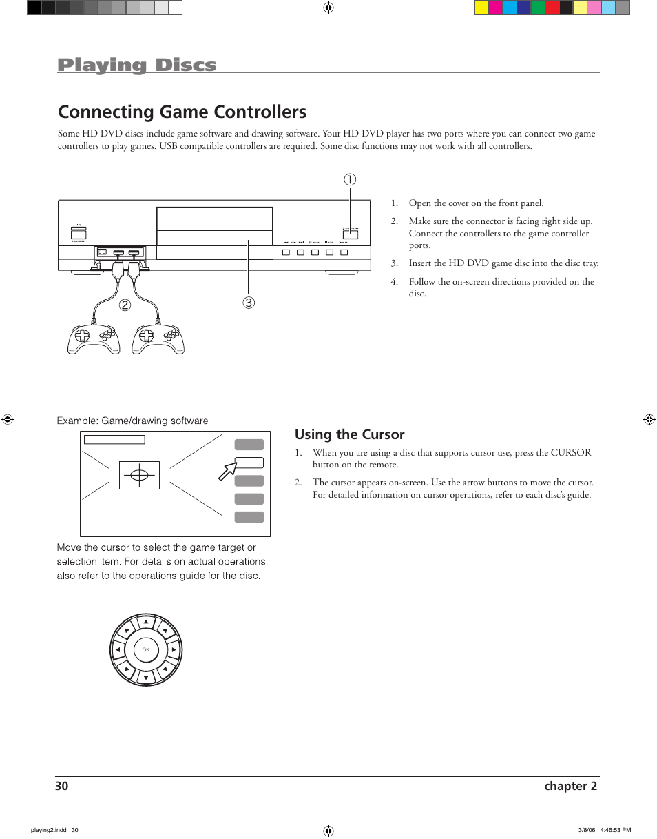 Playing discs connecting game controllers, Using the cursor | RCA HDV5000 User Manual | Page 34 / 62