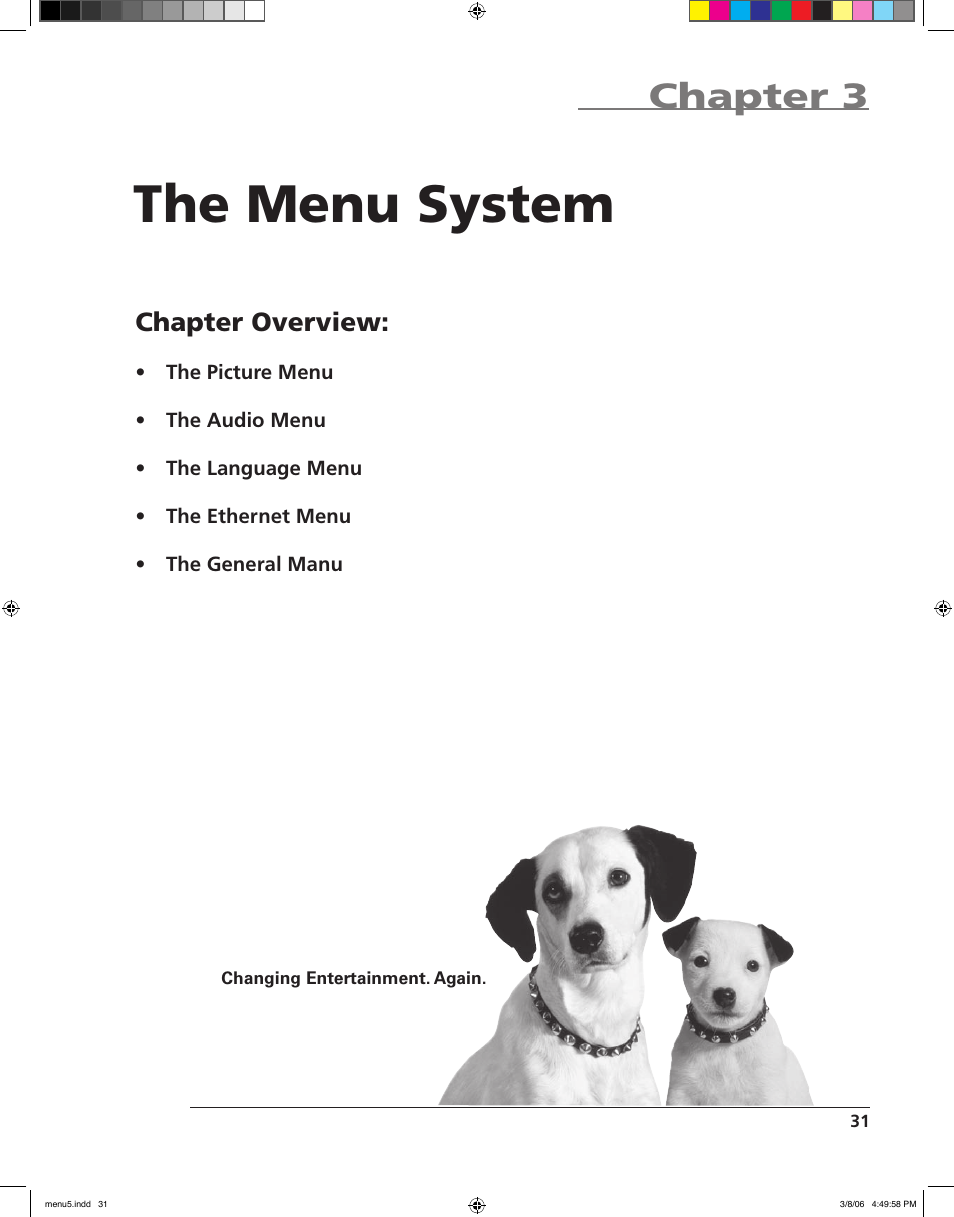 The menu system, Chapter 3, Chapter overview | RCA HDV5000 User Manual | Page 35 / 62