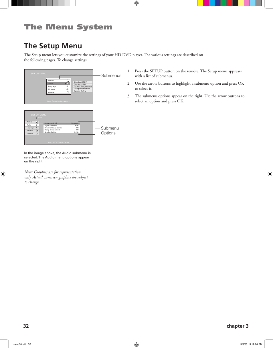 The menu system the setup menu, 32 chapter 3 | RCA HDV5000 User Manual | Page 36 / 62